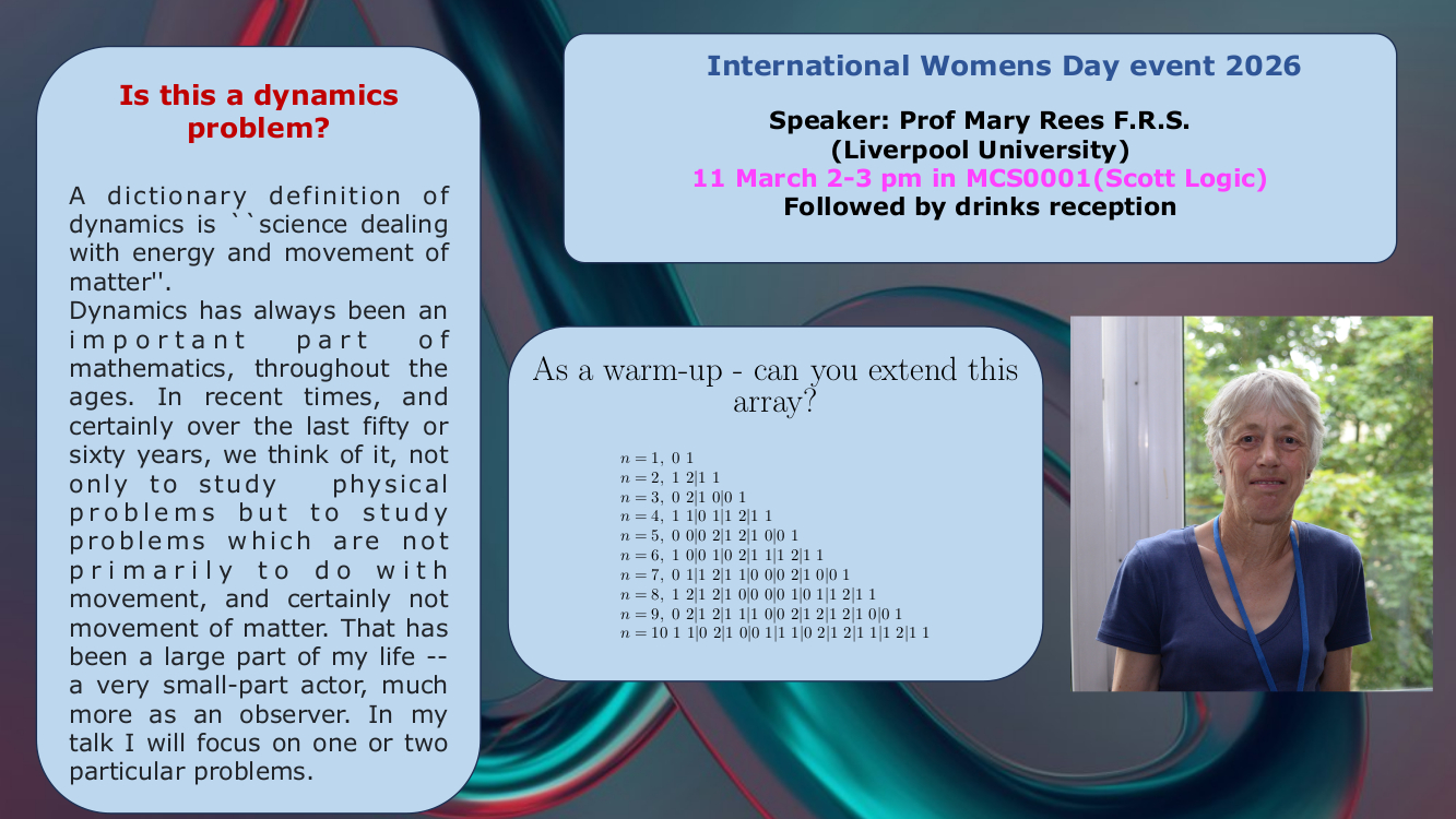 Poster for Prof. Mary Rees' International Women's Day Talk 2026