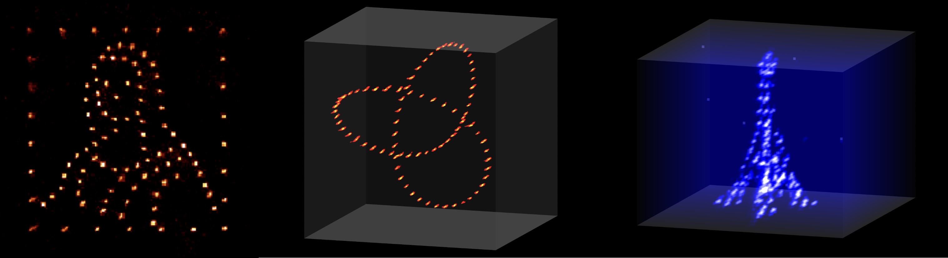 Fluorescence images of individual atoms trapped in various optical tweezers arrays.  Each point corresponds to an atom.