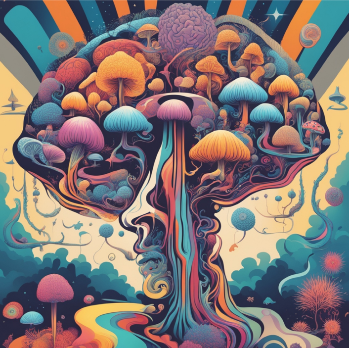 Illustration merging human brain and psychedelic mushrooms