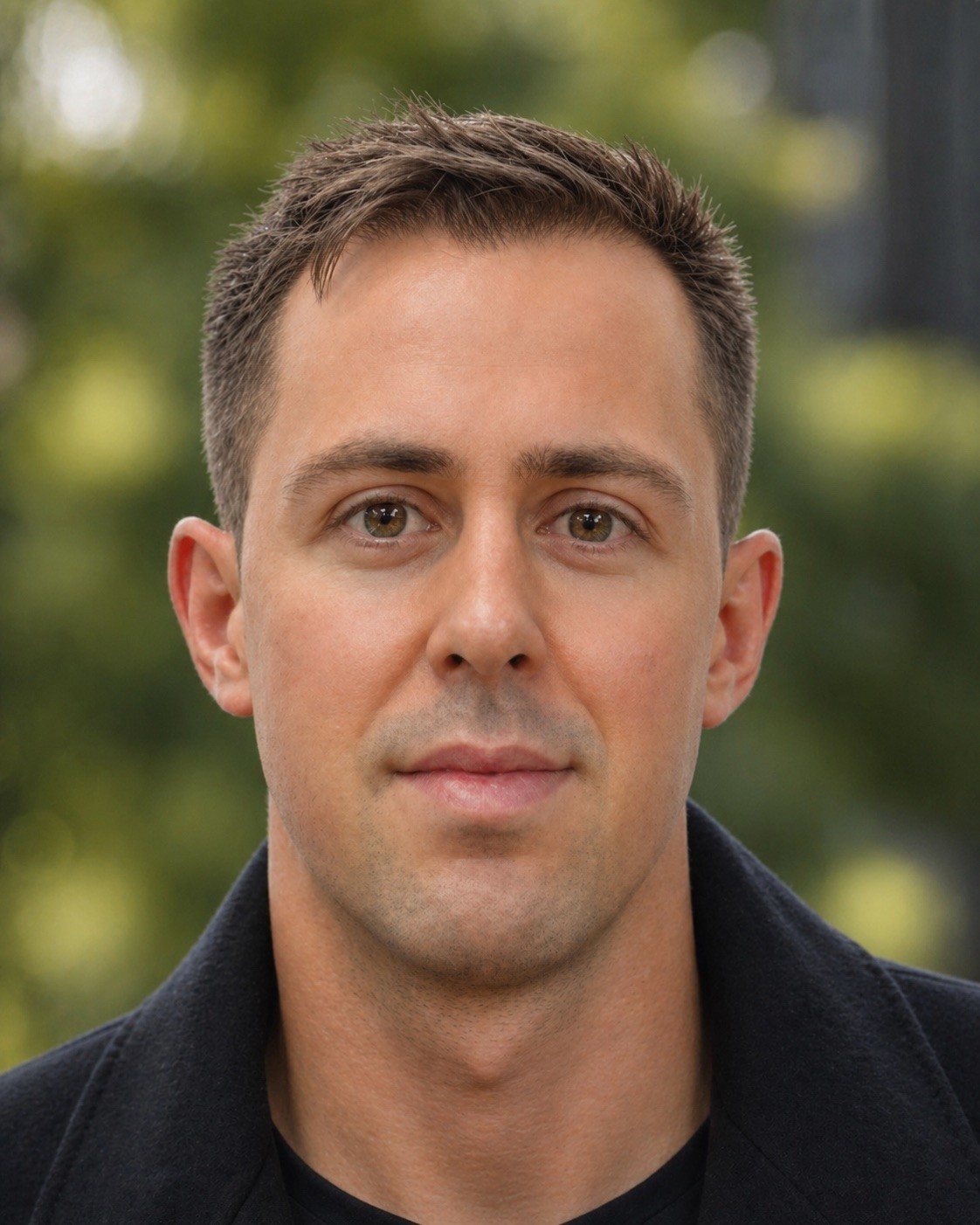 White man with slight smile in a dark jacket