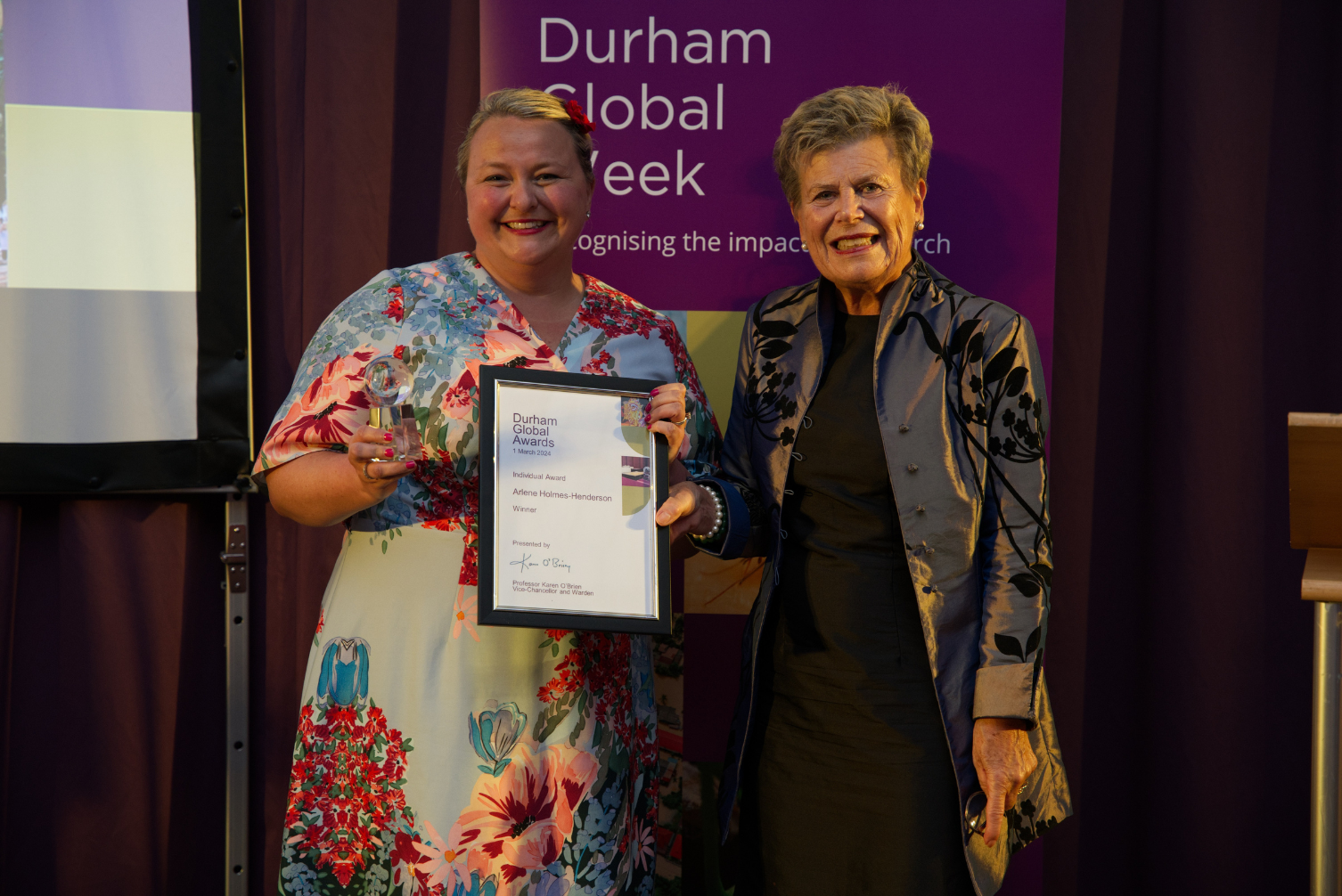 The winner of the Individual Award at Durham Global Awards 2024 receiving her award
