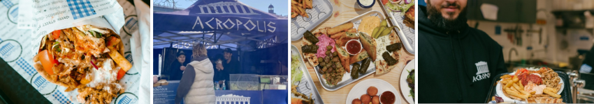 A row of photos of Acropolis' Greek street food, including gyros and food platters.