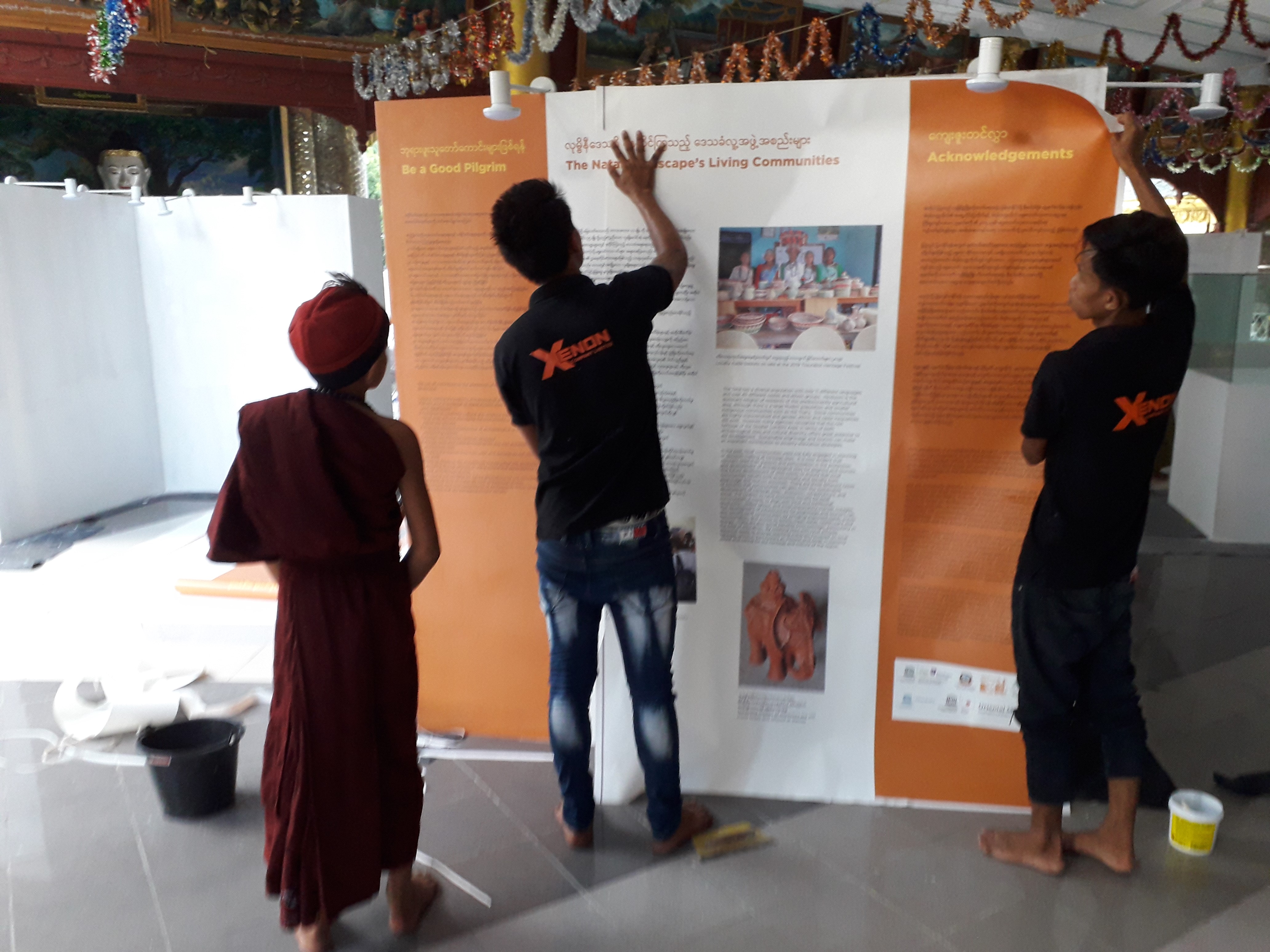 Installing the exhibition at the Shwedagon Pagoda, Myanmar