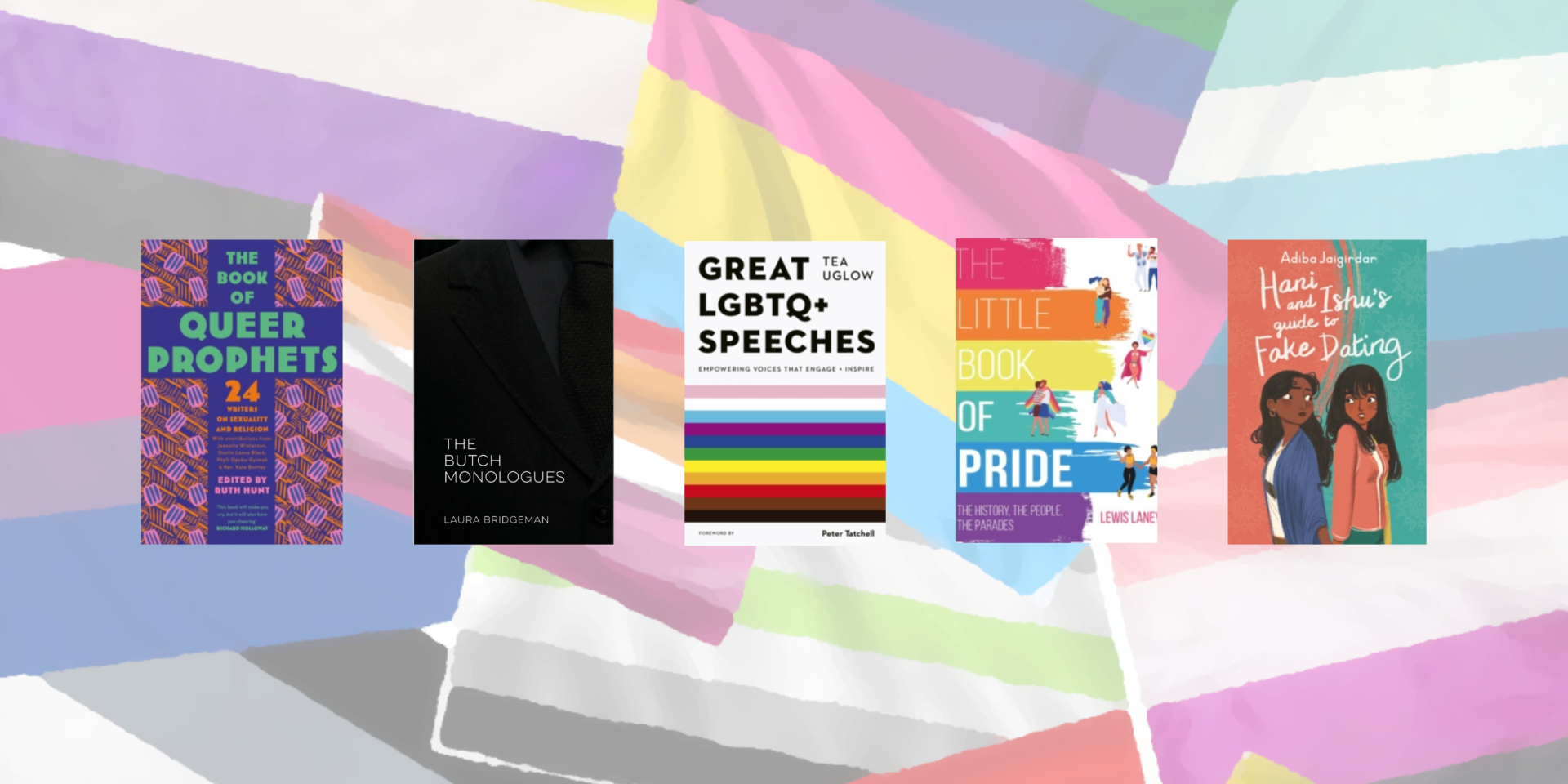 Five different book covers on a multicoloured background