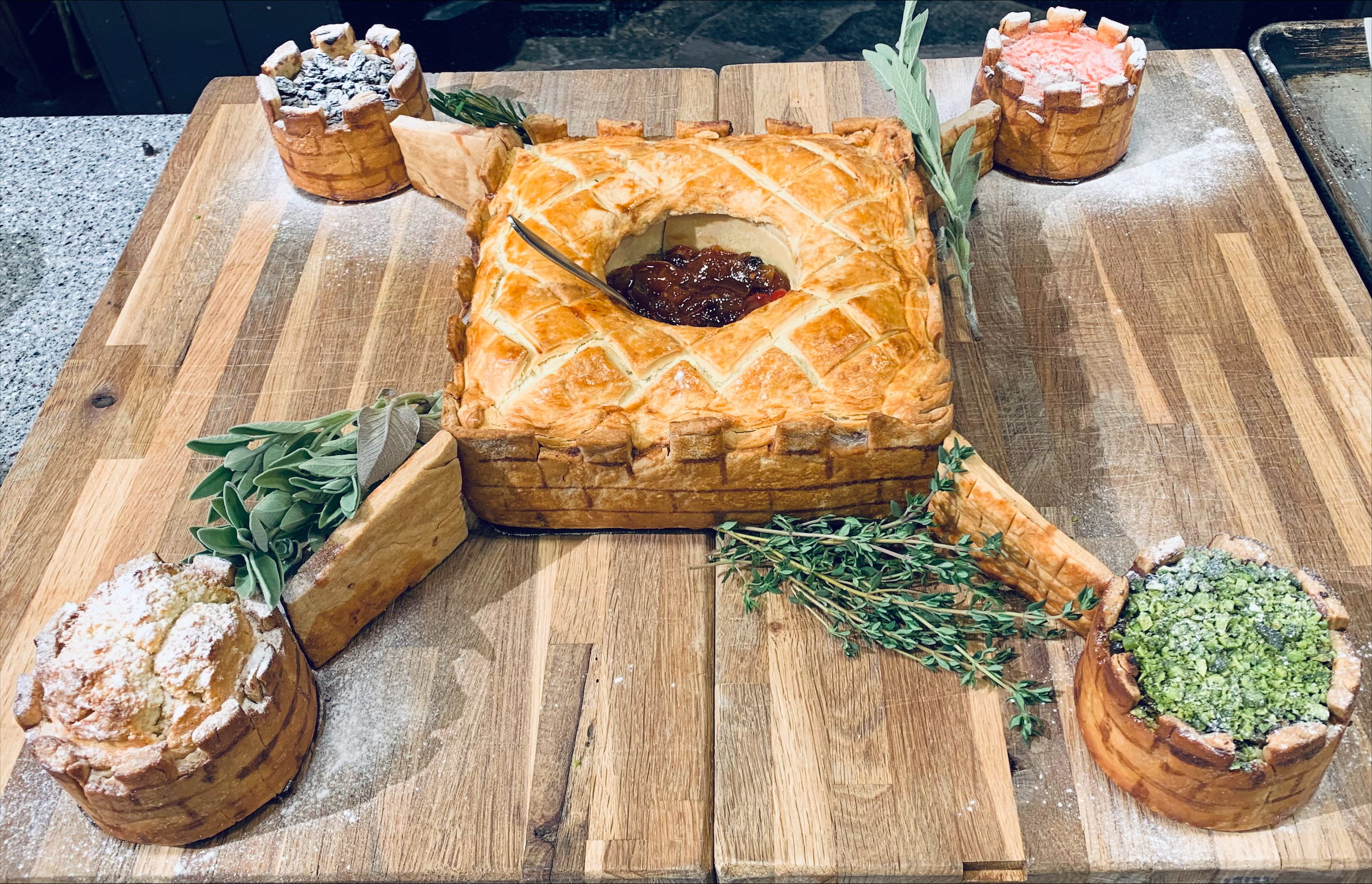 A pie in the shape of a castle