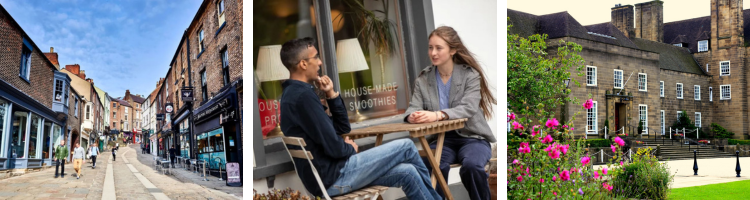 A group of three images, a Durham City Street, two people outside a cafe, outside St Marys College