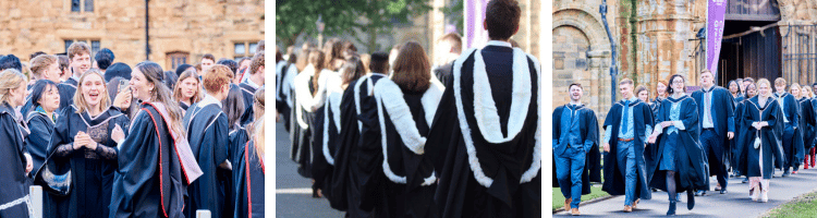 Three images of students in graduation gowns outside Durham Cathedral