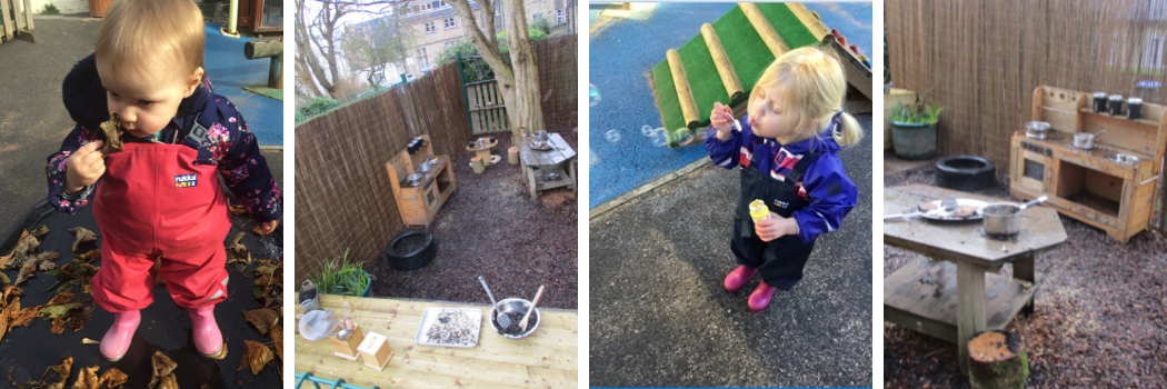 Collage of the mud kitchen and children playing outside