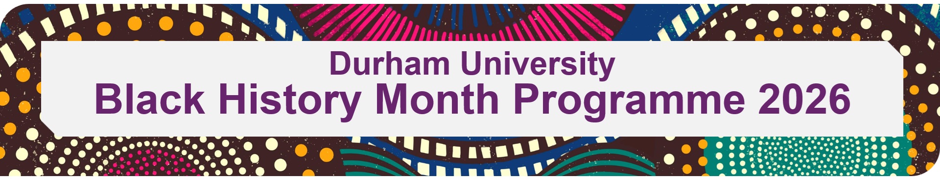 Text stating DU BHM Programme 2026 with colourful border