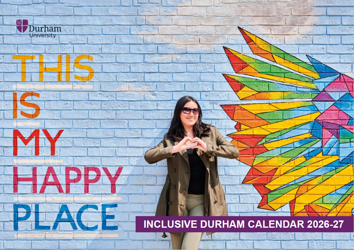Front cover of the calendar - A person wearing sunglasses stands in front of a colourful mural that reads 