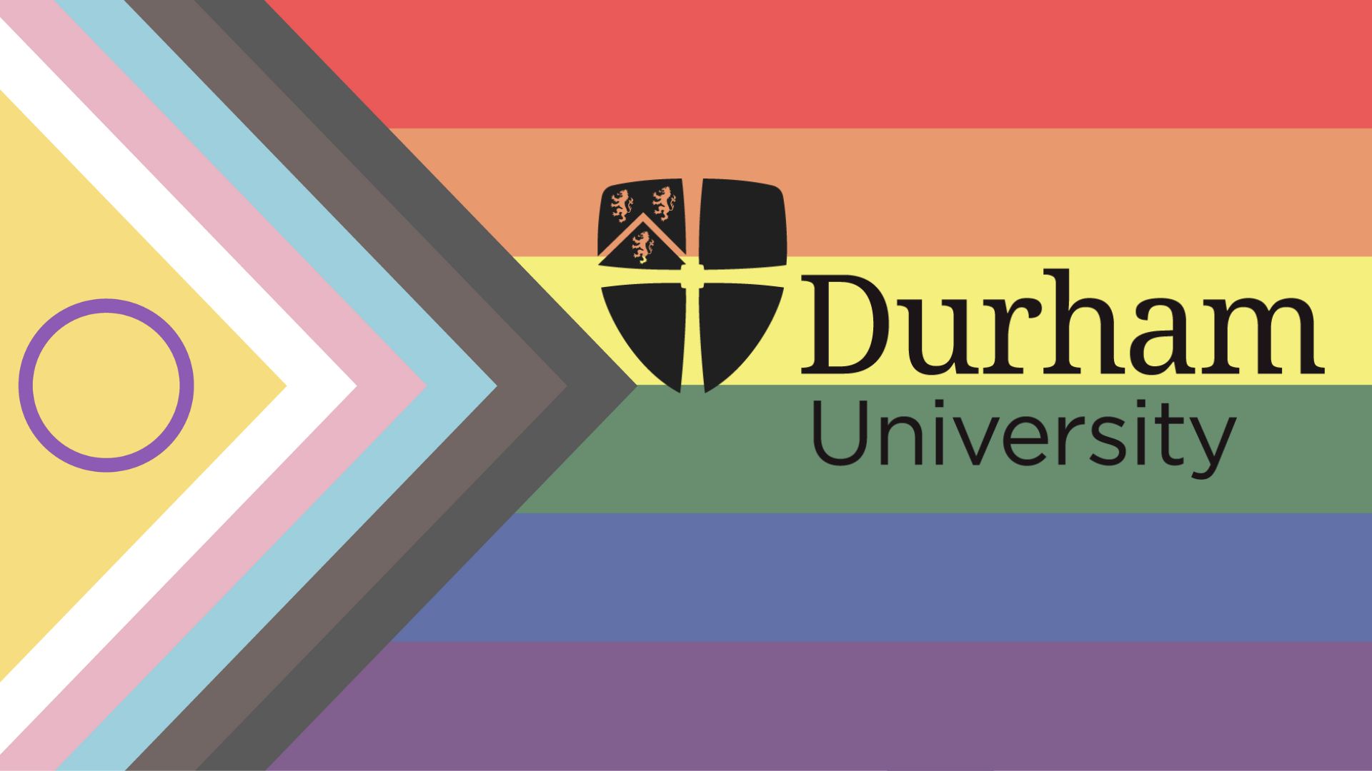 The Durham University logo over the progress pride flag