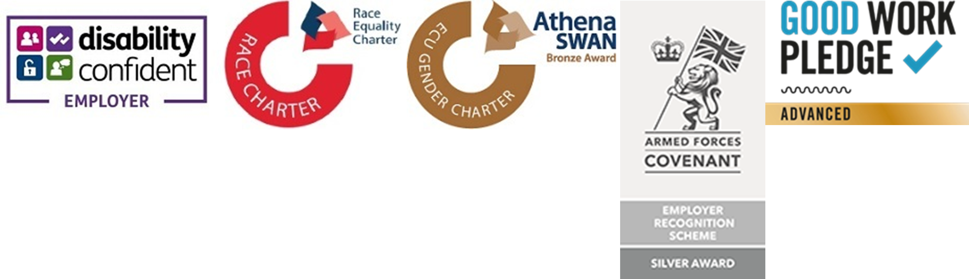 Disability Confident Employer Logo, Good Work Pledge Advanced Logo, Race Equality Charter Logo, Athena Swan Bronze Award EUC Gender Charter Logo and Armed Forces Covenant