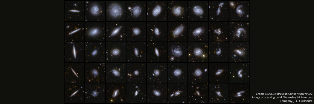 This image shows examples of galaxies in different shapes, all captured by Euclid during its first observations of the Deep Field areas