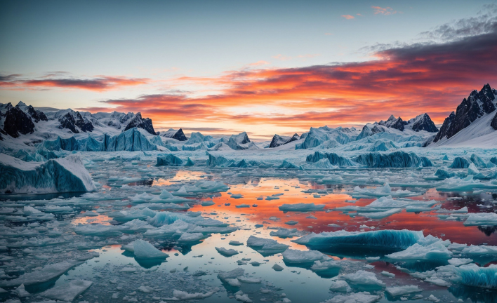 Melting ice and water with a pink red sky in background