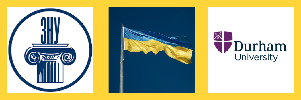 Ukraine flag and logos for Durham and ZNU universities