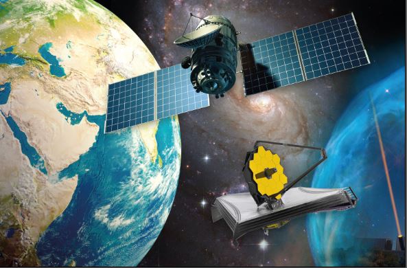 Styalised image of the earth and satellites