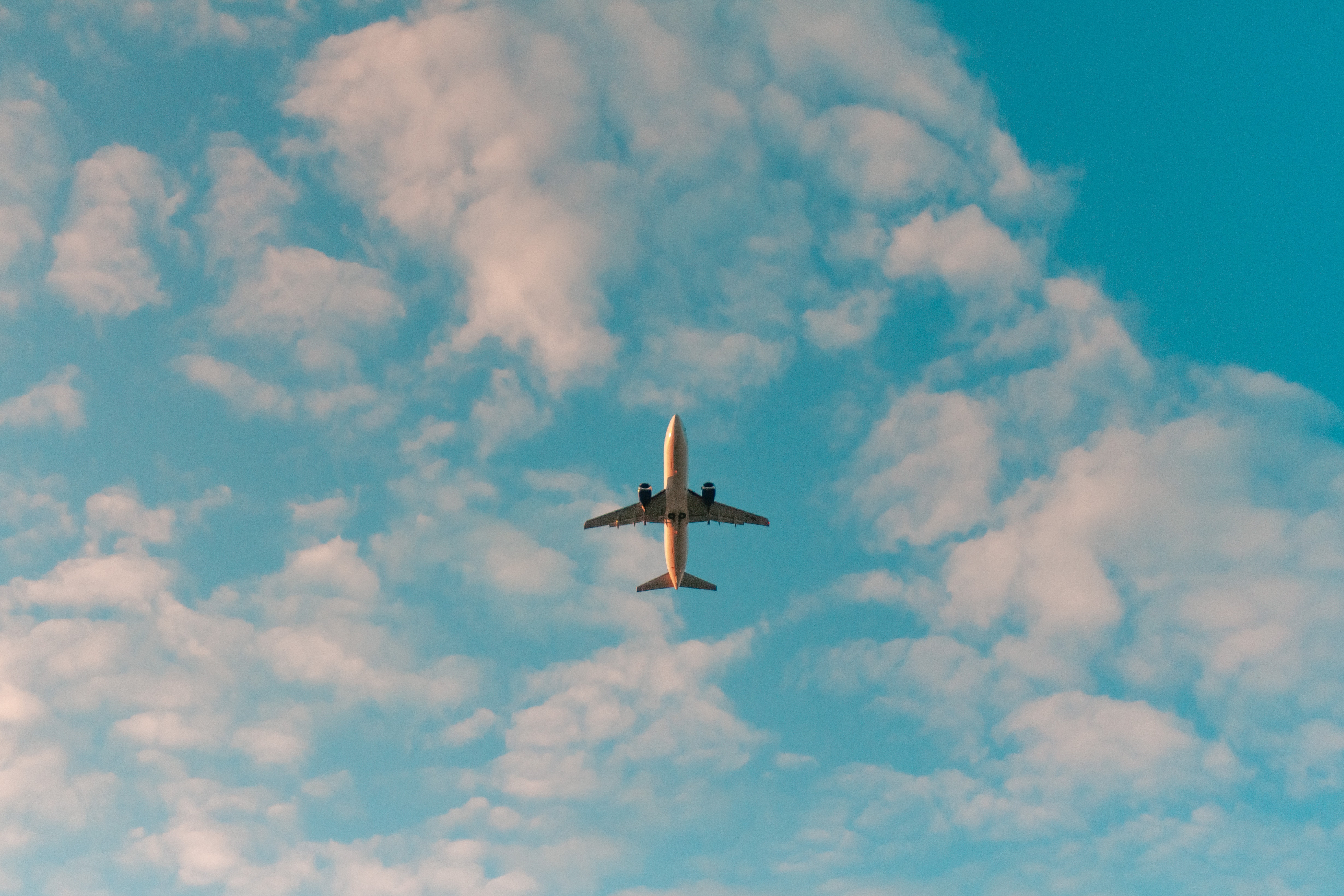 View from beneath an airplane, flying in the sky