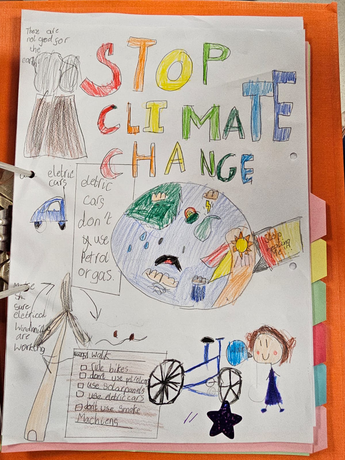 A colourful poster made by year 3 child highlighting climate change