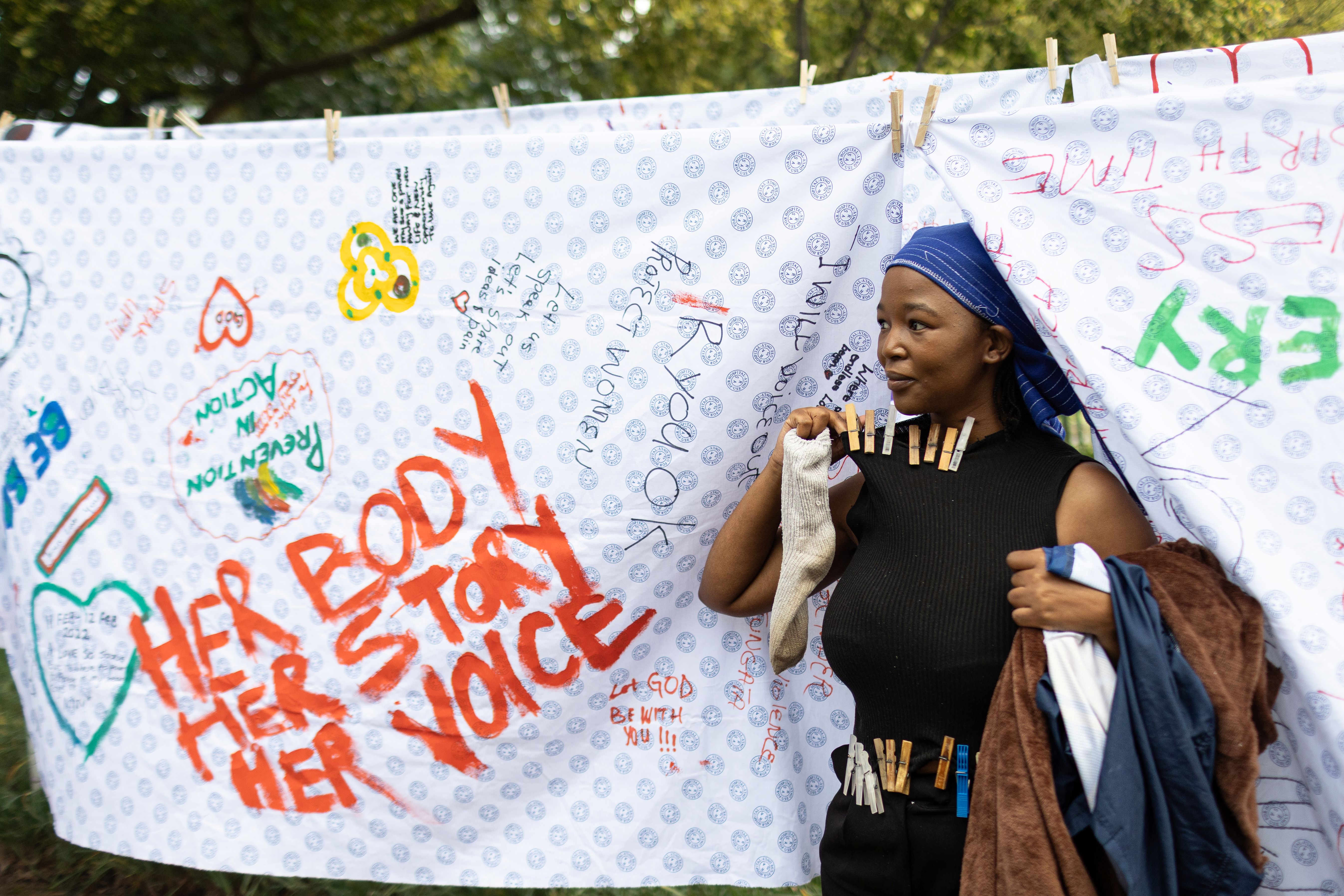 Hospital sheets decorated by women’s statements of obstetric violence in South Africa
