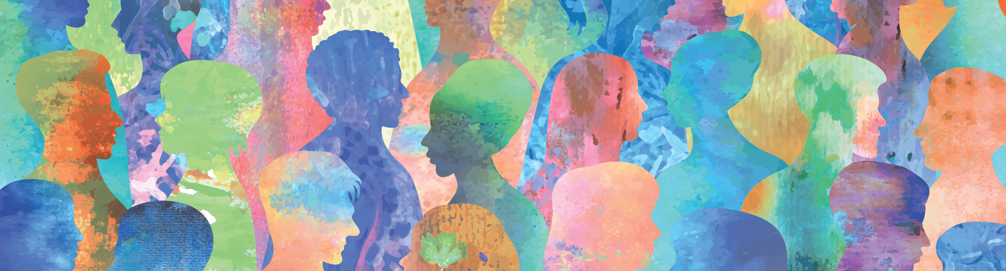 Colourful illustration of lots of people talking
