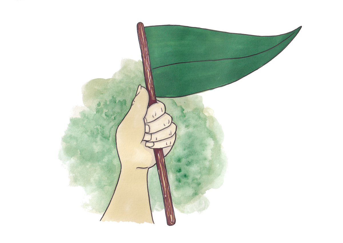 Illustration of a hand holding a green flag