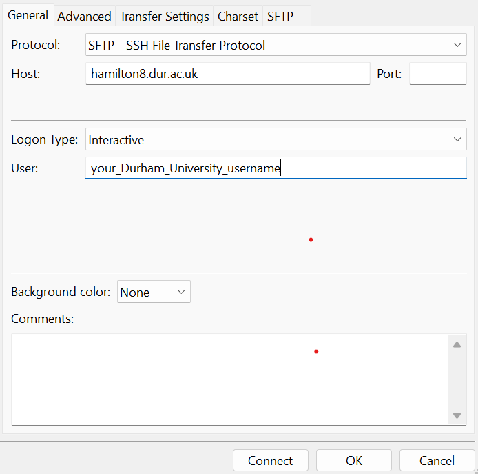Screenshot showing FileZilla setup fields for a new site