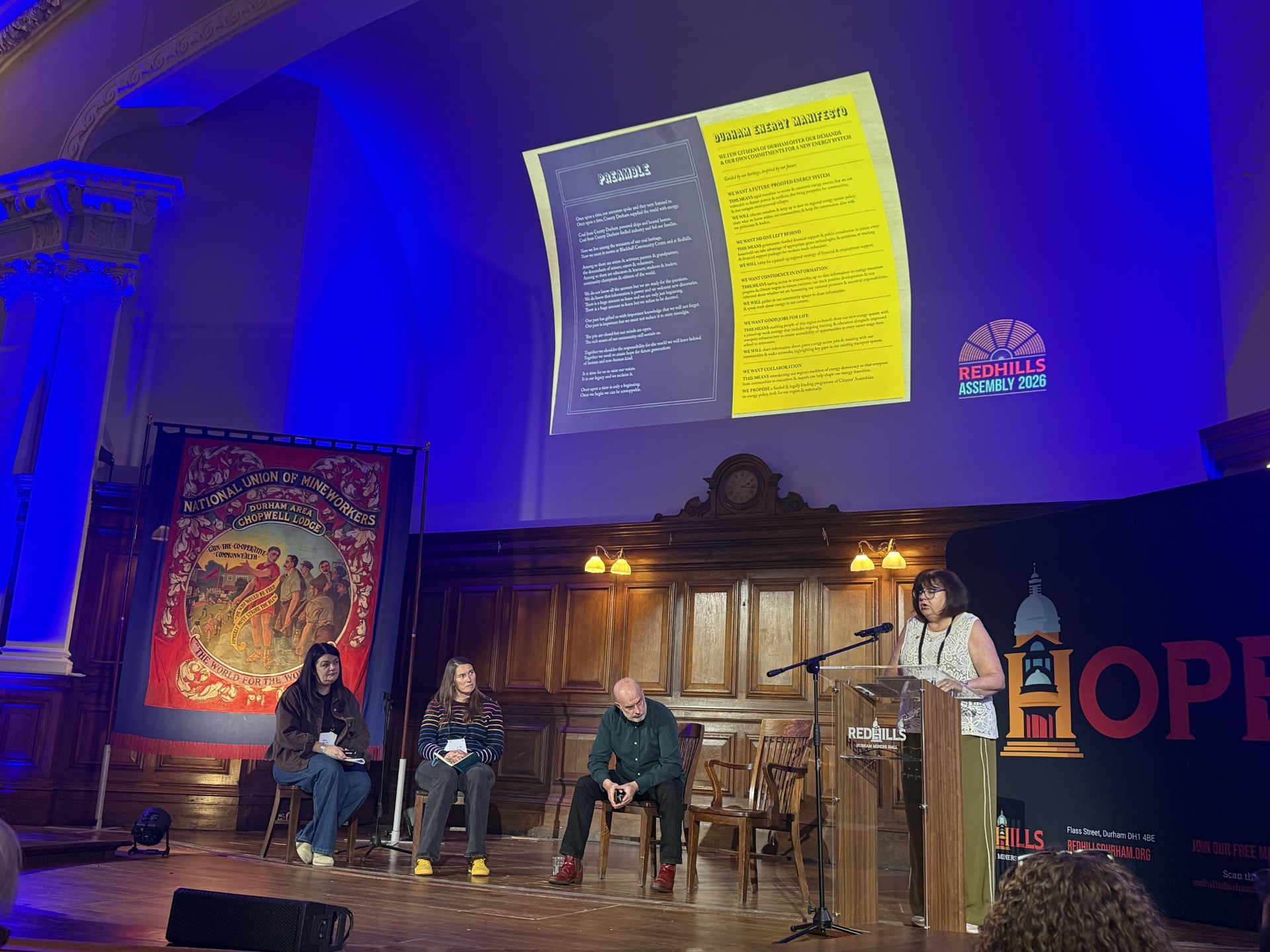 Speakers on stage at Redhills at the Redhills Assembly Durham Energy Manifesto Session