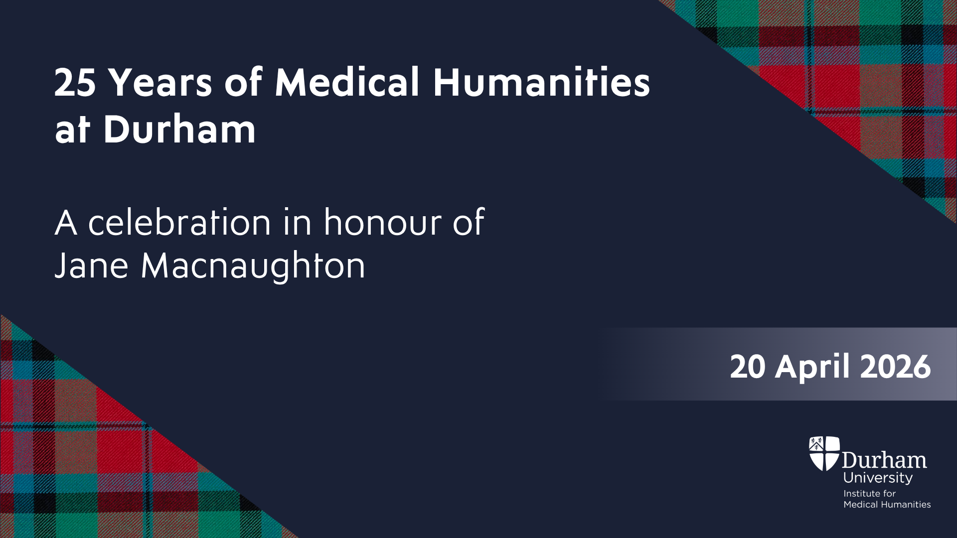 Cover slide with text: 25 Years of Medical Humanities at Durham: A celebration in honour of Jane Macnaughton