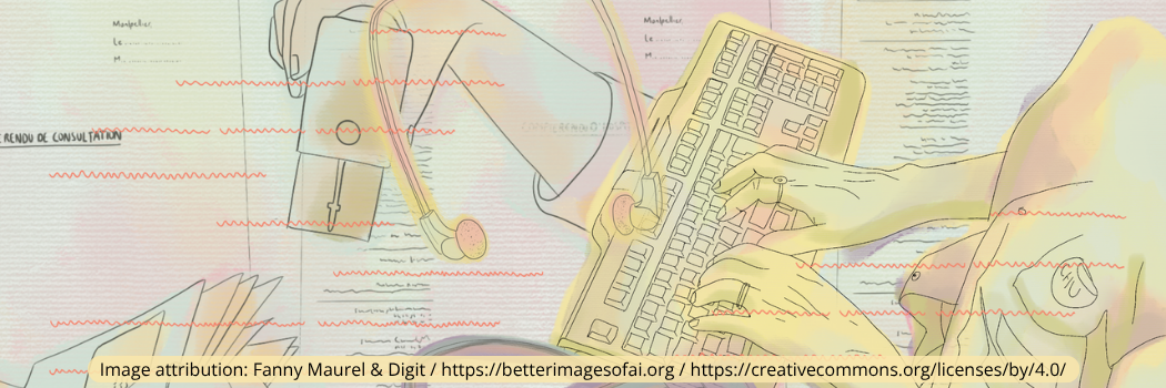 The image shows a superimposition of colourful illustrations representing different objects in a secretariat: in the background, printed minutes. Above, the hands of a medical secretary typing on her keyboard, the hands of another stamping envelopes. The headset and foot pedal in the foreground are essential tools for typing. In the foreground, the red zig-zags typical of ambient scribe errors str