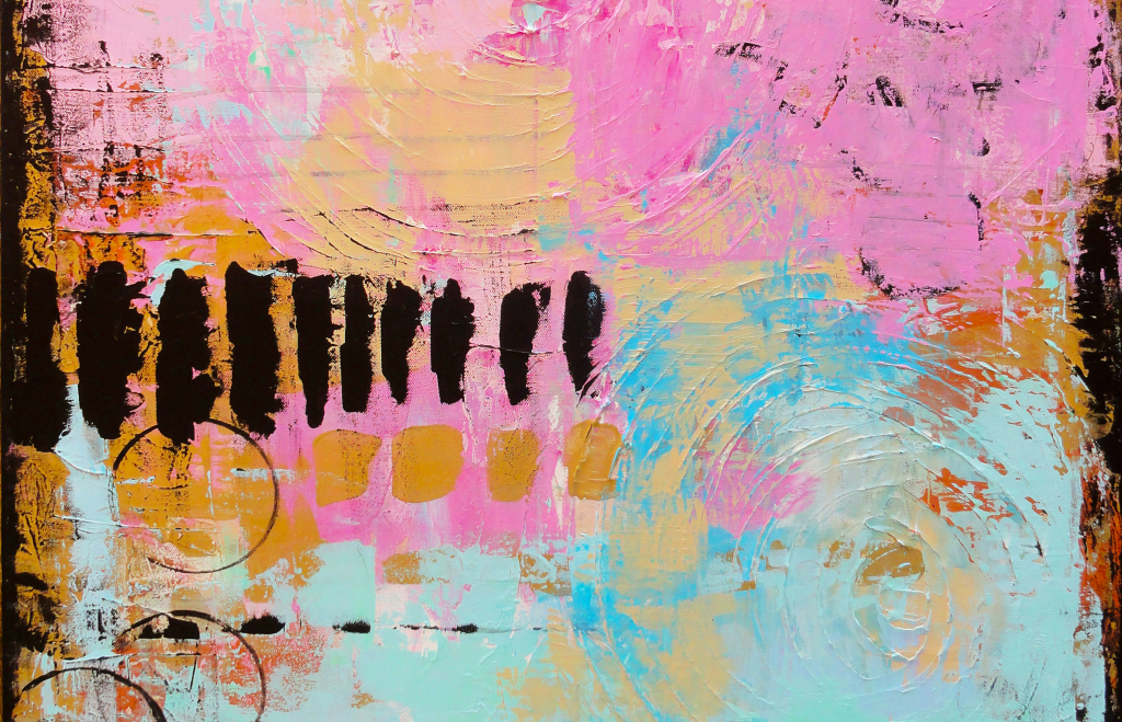 An abstract painting with pink, blue, orange and black paint splotches.