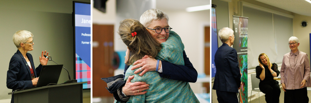 A selection of images of Jane Macnaugton speaking and celebrating at an academic event