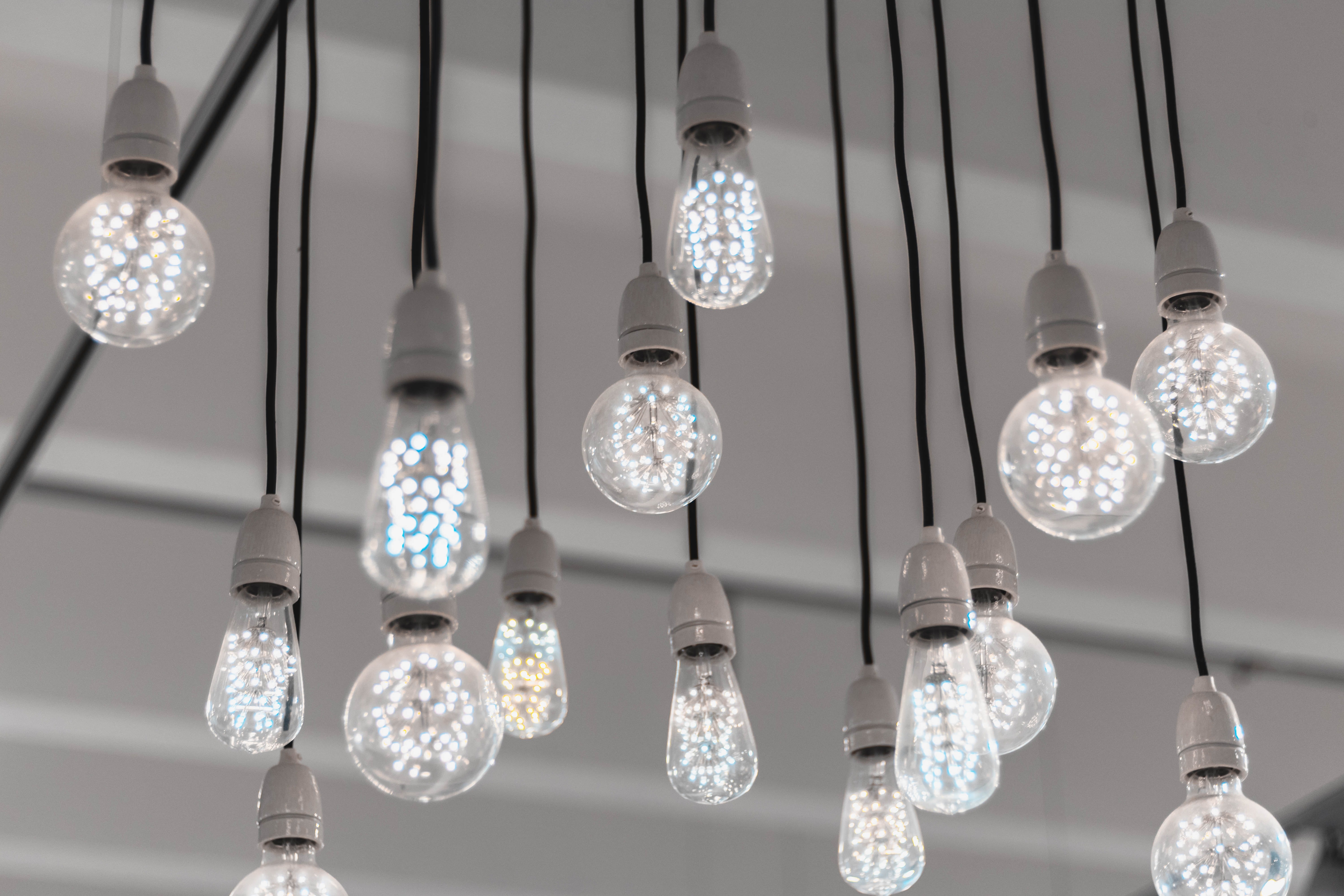 Glittering lightbulbs suspended from ceiling