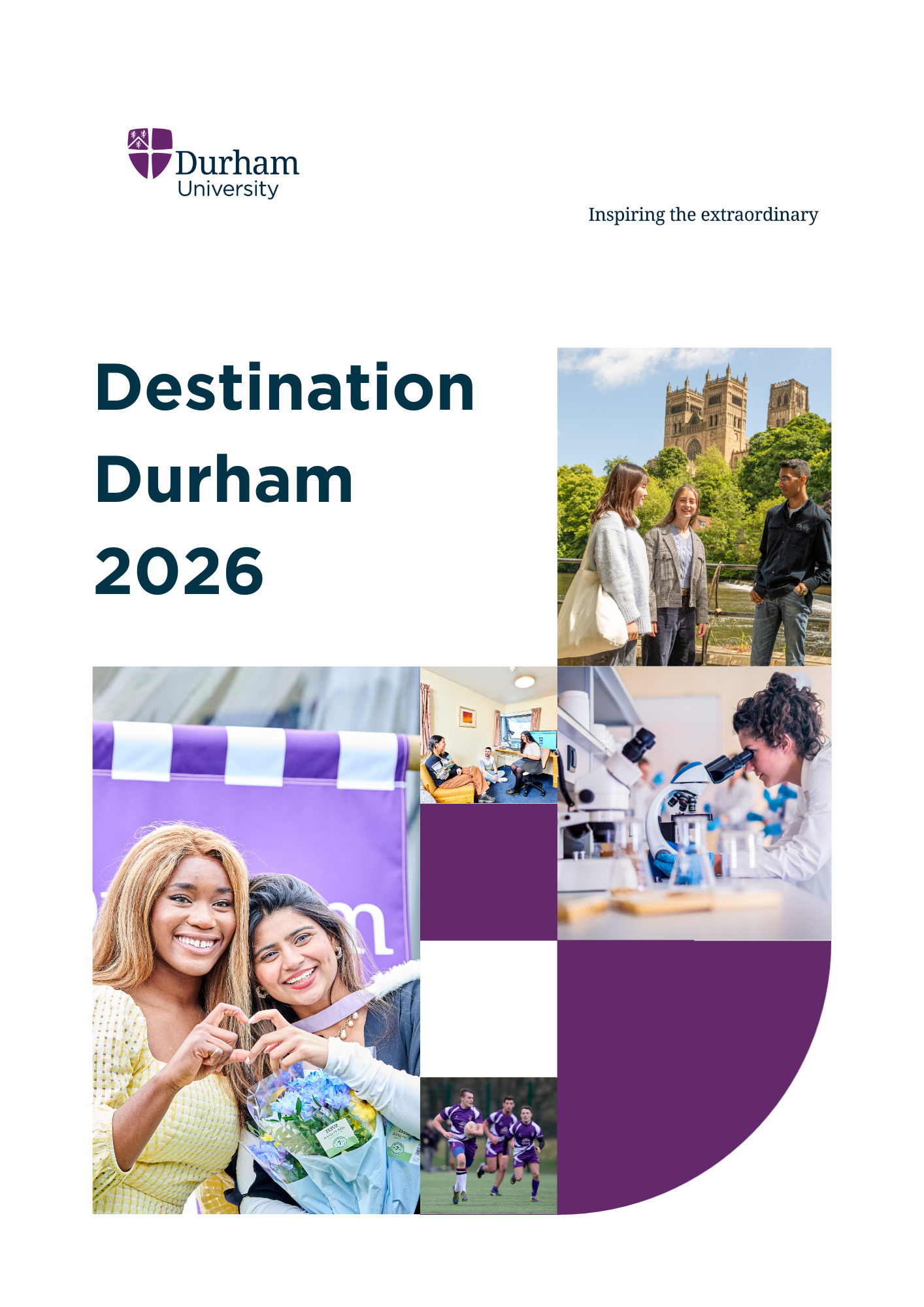 A photo of the front cover of the Destination Durham brochure for 2026, depicting multiple images of students smiling, researching, talking, and playing sport