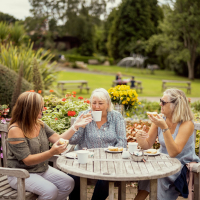 Three women enjoying snacks and beverages at the cafe in the Botanic Garden