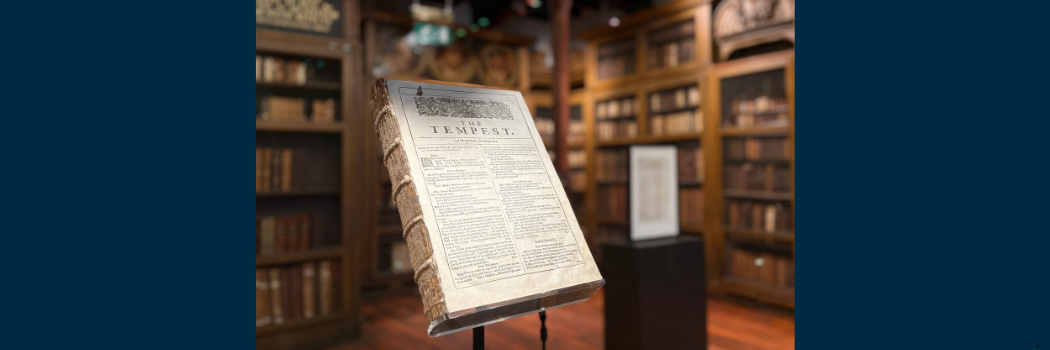 Durham University's Shakespeare First Folio on display in a glass case within historic library setting