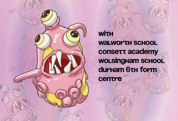 Poster for Trapdoor exhibition, showing pink monster